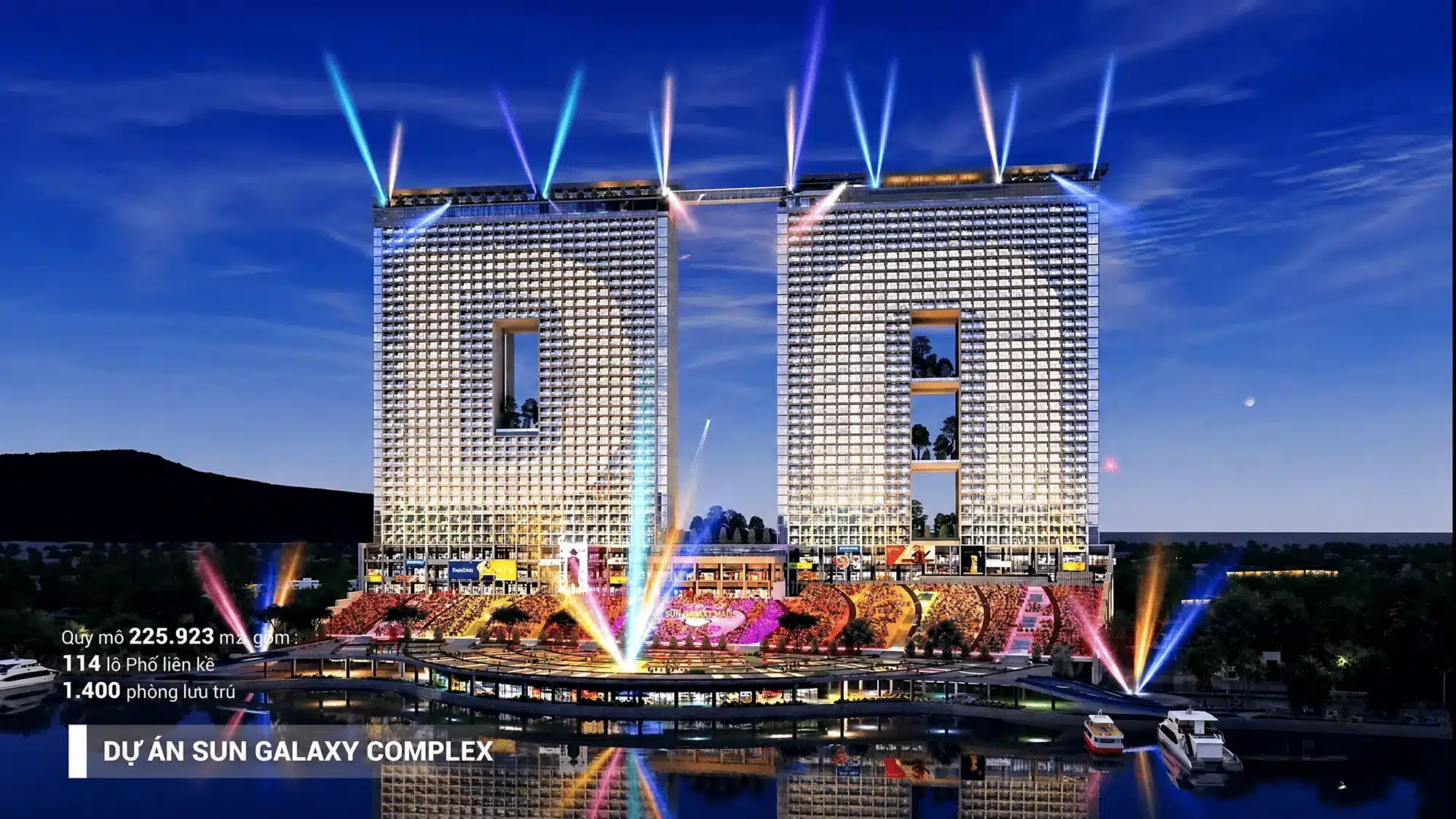 Phối cảnh ban đêm lung linh của Sun Galaxy Complex với tháp đôi và khán đài pháo hoa 20.000 chỗ, biểu tượng mới bên sông Hàn.