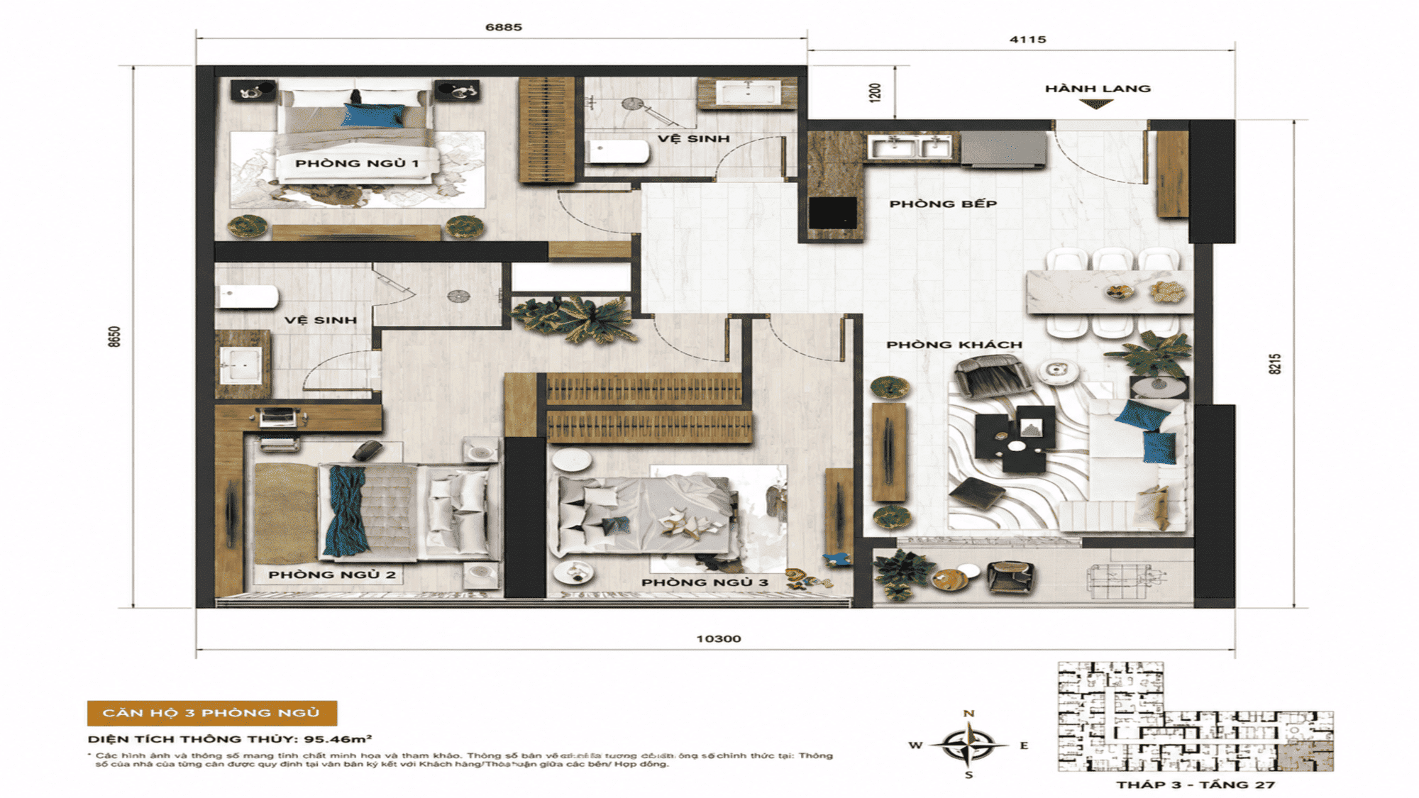 Layout thiết kế căn hộ cao cấp 3PN tại dự án Sun Galaxy Complex Đà Nẵng.