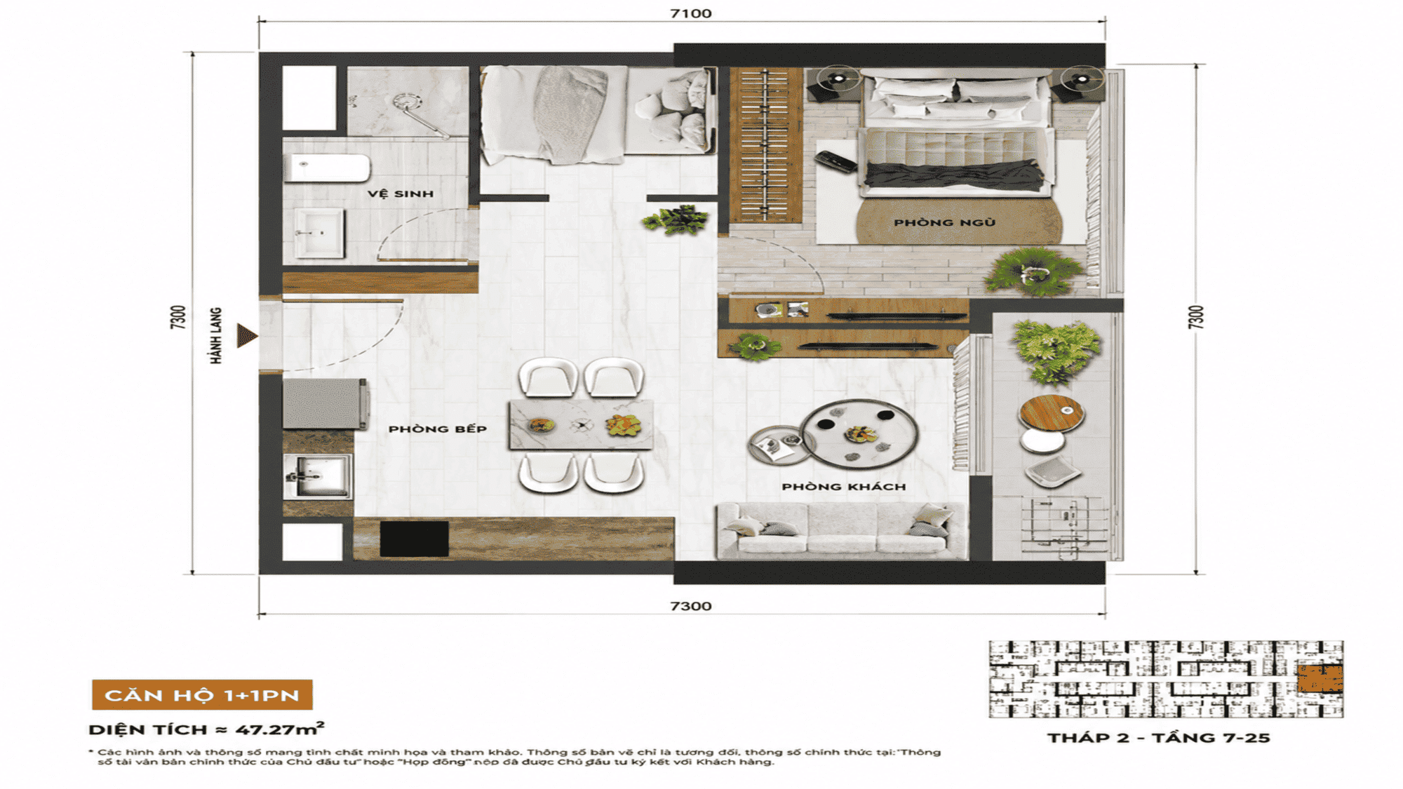 Layout thiết kế căn hộ cao cấp 1PN tại dự án Sun Galaxy Complex Đà Nẵng.