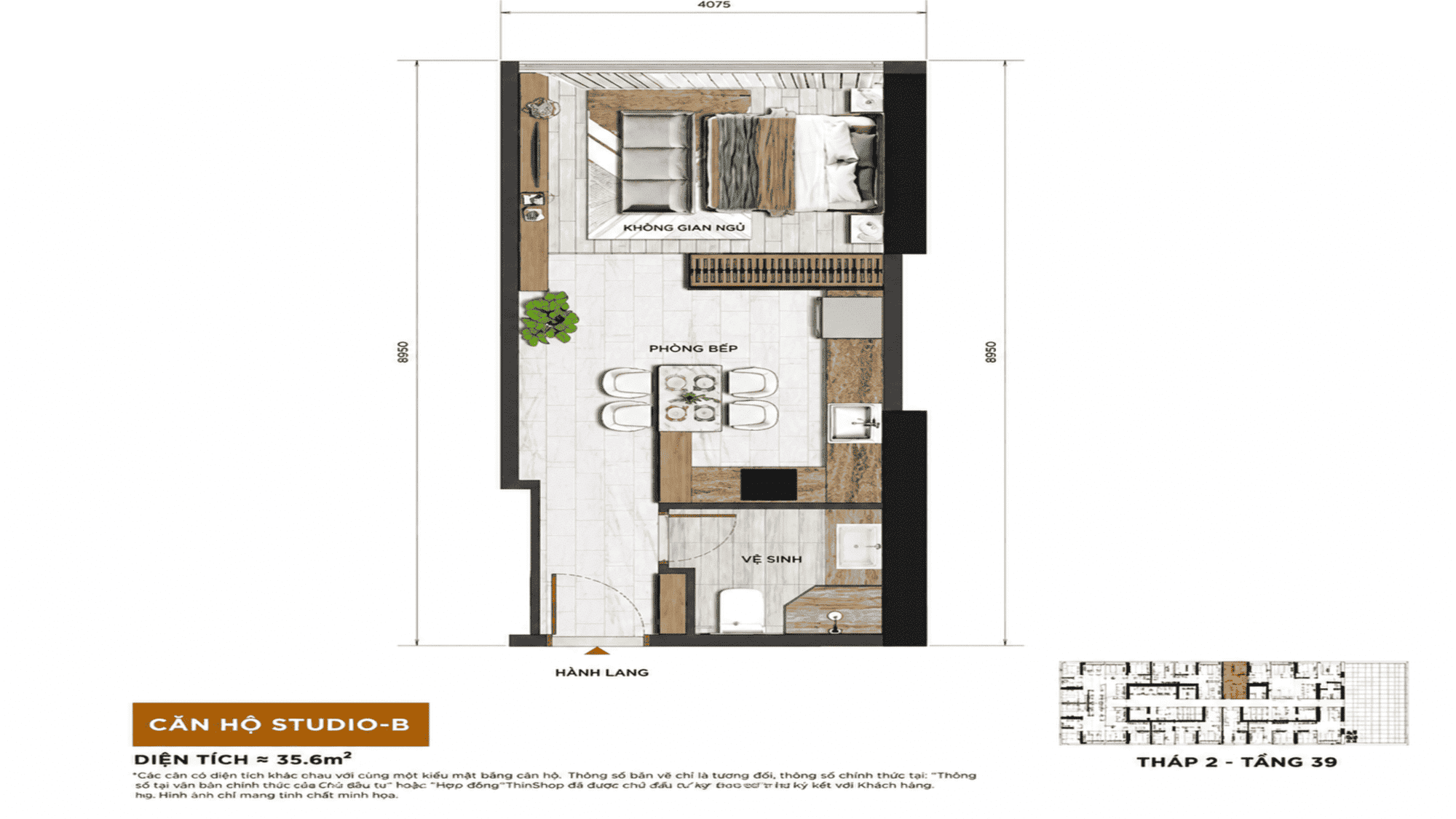 Layout thiết kế căn hộ cao cấp studio tại dự án Sun Galaxy Complex Đà Nẵng.